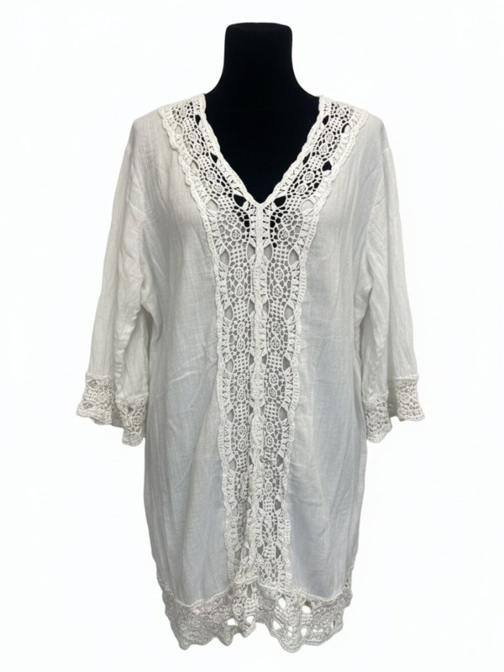 Sigrid Olsen White Cotton Crochet Lace Tunic Top Large Boho Coastal Beach Resort